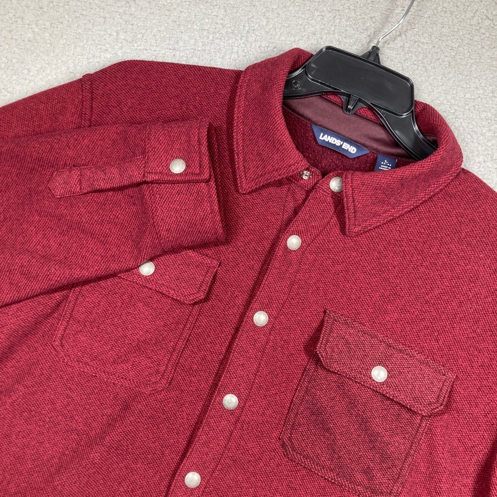 Lands End Shirt Jacket Mens L Burgundy Red Fleece Lined Snap Front Textured Knit